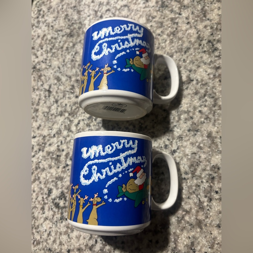 Russ Santa and Reindeer Christmas Themed Ceramic Coffee Mugs Vintage Lot of 2